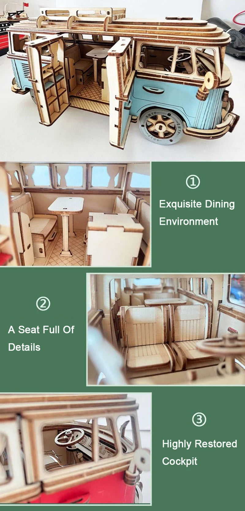 Retro Bus European-style Campervan 3D Wooden Car Puzzle DIY Sailing Ship Airplane Building House Model Jigsaw Toys For Children.