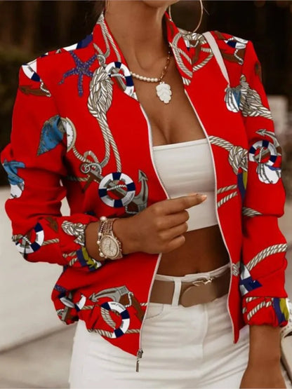 Mode Frauen Jacken Dünne Kurze Mäntel Herbst Vintage Print Lange Sleeve Zipper Dünne Jacke 2024 Casual Oberbekleidung Weibliche Jacke