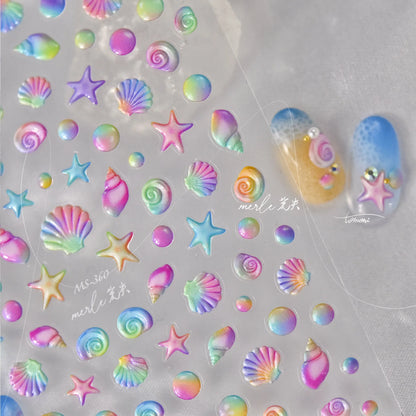Ocean Theme 5D Nail Sticker Summer Beach Seashells Starfish Conch Scallop Shell Coral Self Adhesive Decoration Manicure Decal