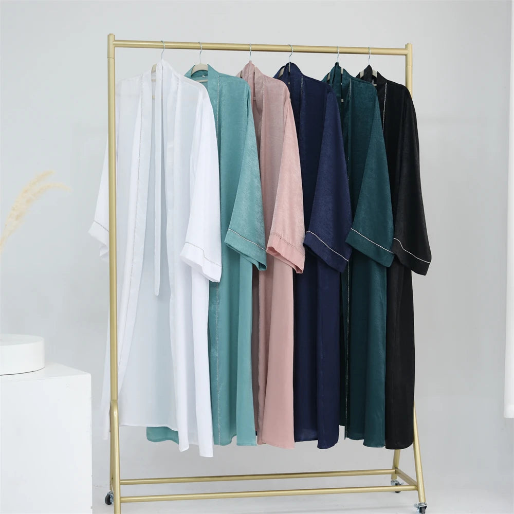 Ramadan Eid Open Satin Shimmer Kimono Abaya Damen Dubai Luxury Islam Muslim Kaftan Dress For Women Kebaya Robe Musulmane Femme.
