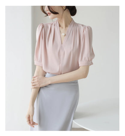 2025 Fashion Summer Short Sleeve V-Neck Women Blouse White Blouse Shirt Women Tops Blouses Shirts Blusas De Mujer Camisas P856