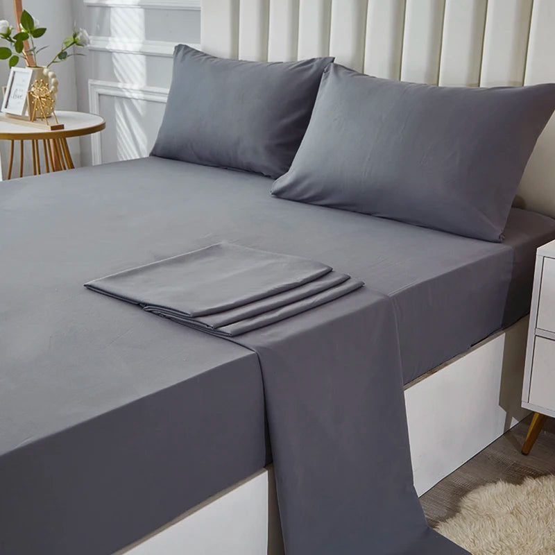 3/4pcs Solid Beding Set, Waterproof Fitted sheet & Bed Sheet & Pillowcases Soft, Queen, KIng, Full, Twin Size, White and Gray.