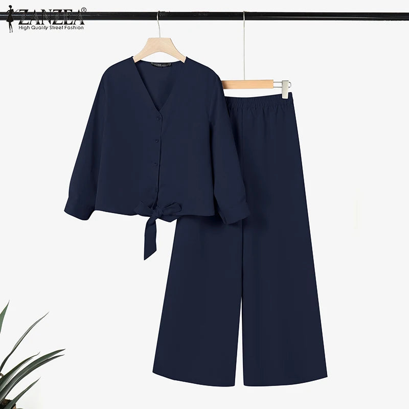 2025 ZANZEA Autumn Outfits 2PCS Women Work Matching Sets Fashion Spring Long Sleeve Blouse Pant Sets Casual Solid OL Tracksuits.