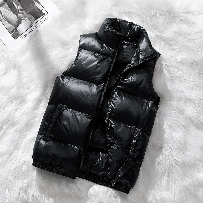 Vest Winter Hooded Glossy Cotton Vest Casual Waistcoat Men's Sleeveless Jacket Warm Overcoats Zipper Solid Color Mens Warm Vests