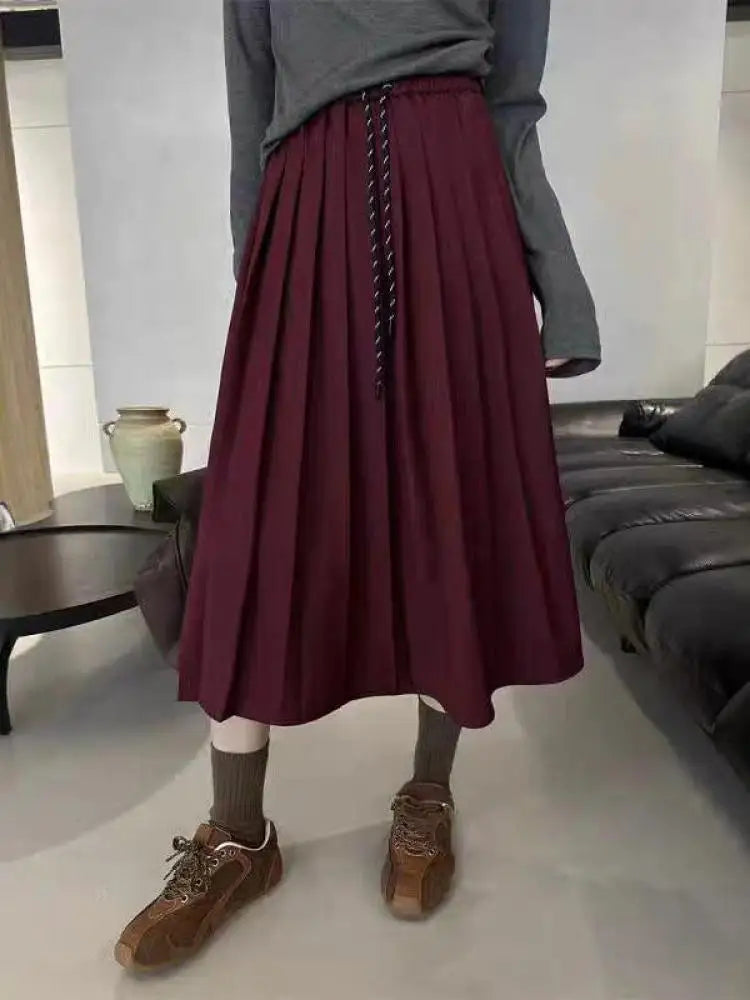 Autumn Women's Solid Color High Waist Pleated A Line Long Skirt Korean Fashion College Style Drawstring Lace-up Skirt 2024 Trend.