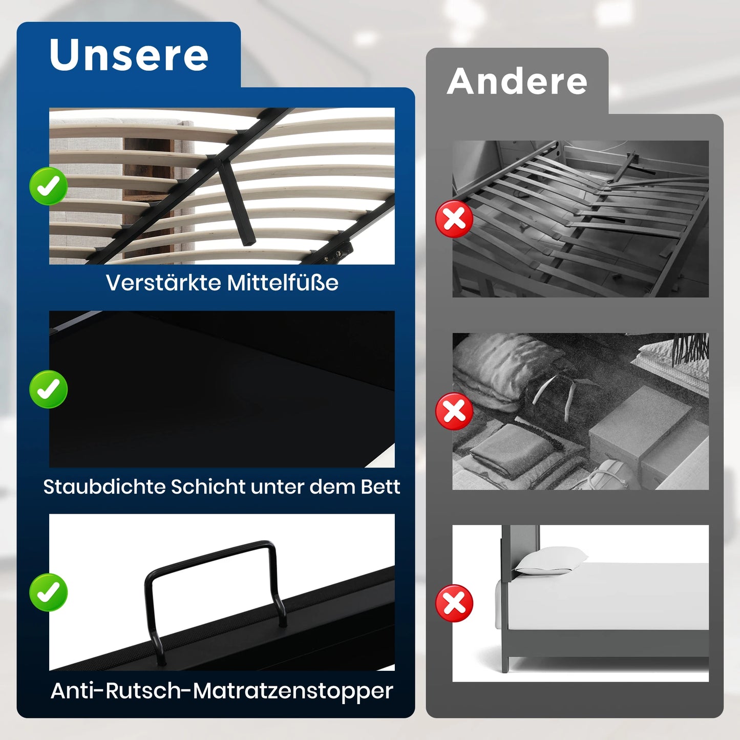 KOMHTOM Doppelbett Polsterbett Grau Baumwolle - Kabelloses Laden USB C, Bettgestell mit Stauraum, Holz-Lattenrost, ohne Matratze