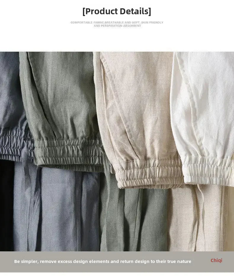 Casual Men's Linen Pants Loose Fit Cotton Linen 3/4 Length Pants Chinese Style Men's Material.