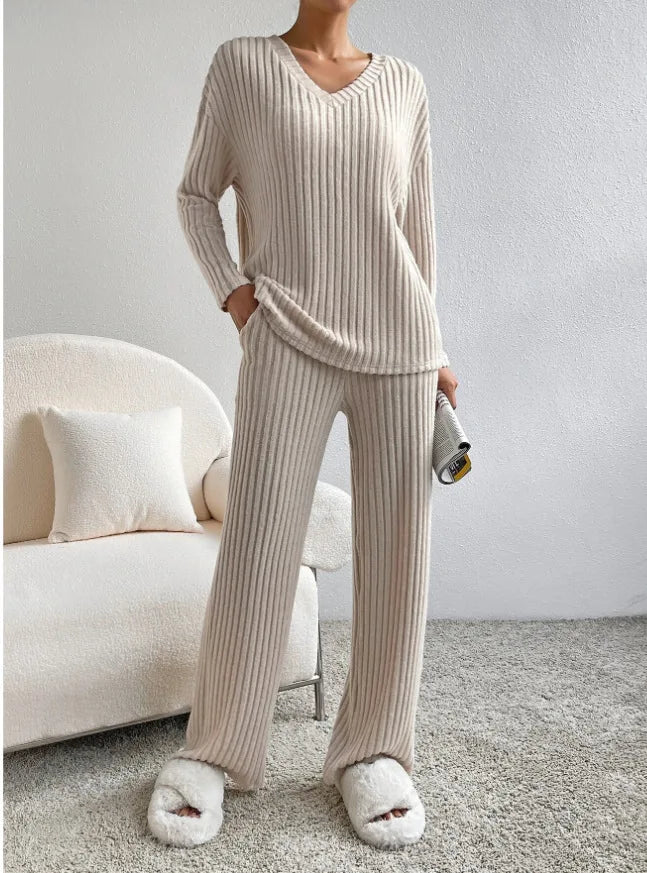 Autumn Winter Ribbed Knit Two Piece Set Womens V Neck Long Sleeve Top Wide Leg Pants Loungewear Casual Solid Color Outfit.