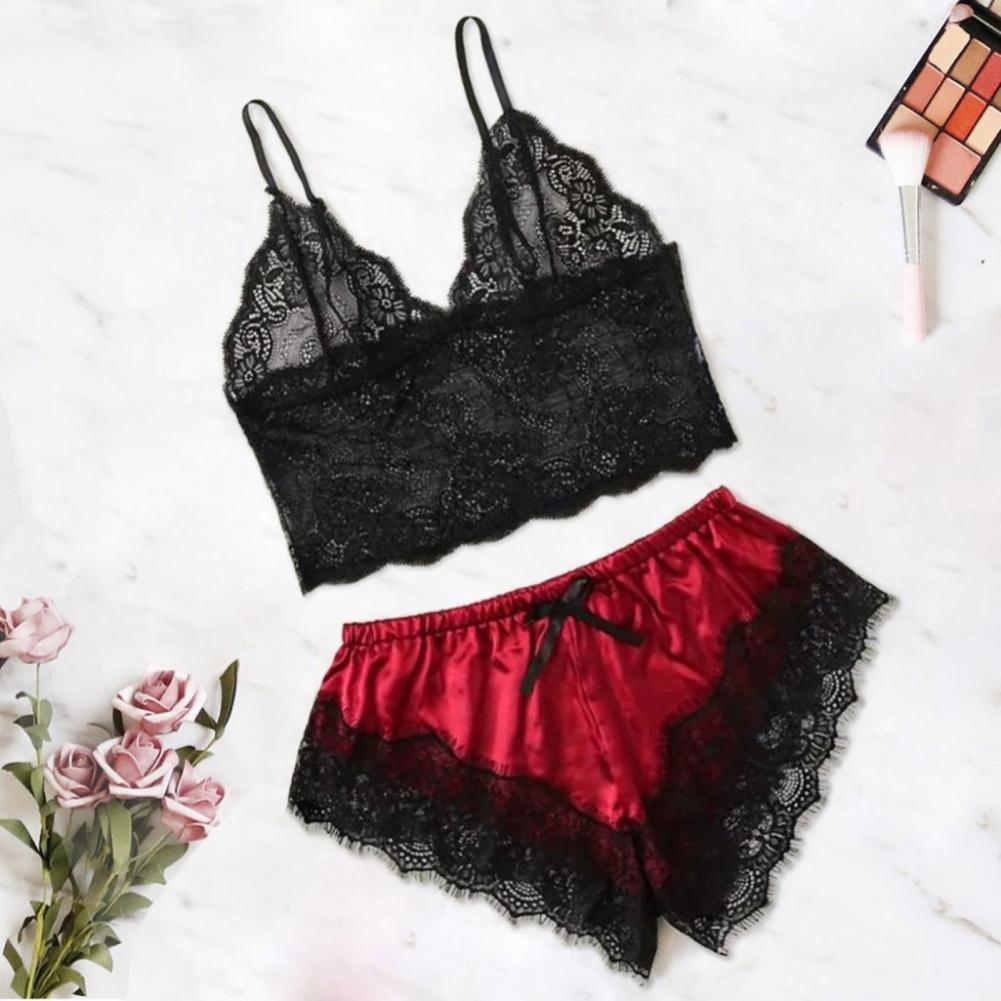 Spaghetti träger Shorts Frauen Nachtwäsche Set elastisch einfarbig weibliche Leibchen Shorts Spitze Frauen Nachtwäsche Set