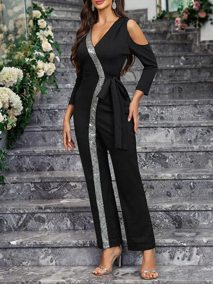 2025 Elegant Spring Summer Women Corset Jumpsuit Overalls Sexy Long Sleeve V Neck Sequins Straight Trousers Romper Onepieces.