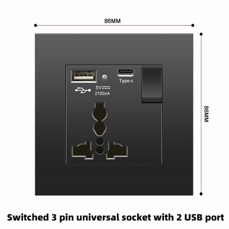 Schwarze UK 13A Wandsteckdose mit USB Typ C 18W Schnelllade-Steckdose, Wandsteckdose mit USB-Ladegerät, Schalter mit Steckdose.