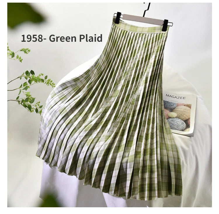 Looks Thin Pleated Skirt 2025 New High Waist A-line Skirt Mid-length Big Size Plaid Skirt Long Pleated Skirt Length 75-90cm