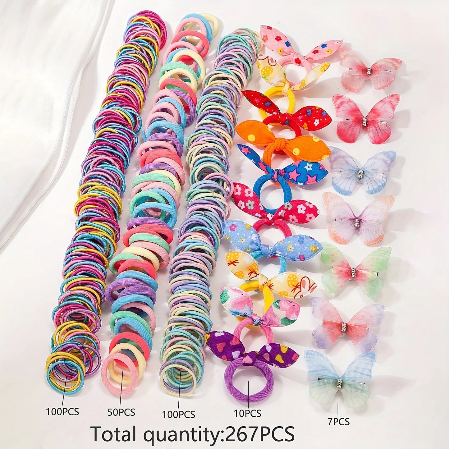 There are 267 sets of butterfly clip sets for girls, cute rabbit ear headbands, hair ties, and colorful flower hair clips..