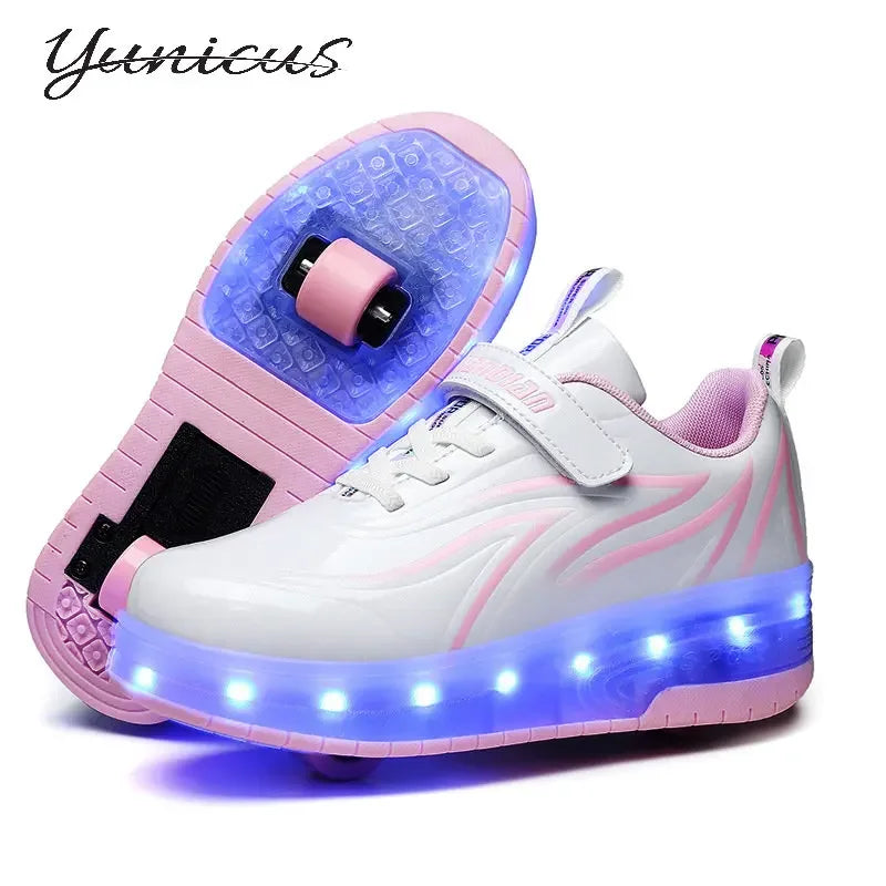 YUNICUS Led Light Boys Girls Shoe USB Charging Black Two Wheels Luminous Sneakers Roller Skate Shoes for Children Kids Led Shoes.