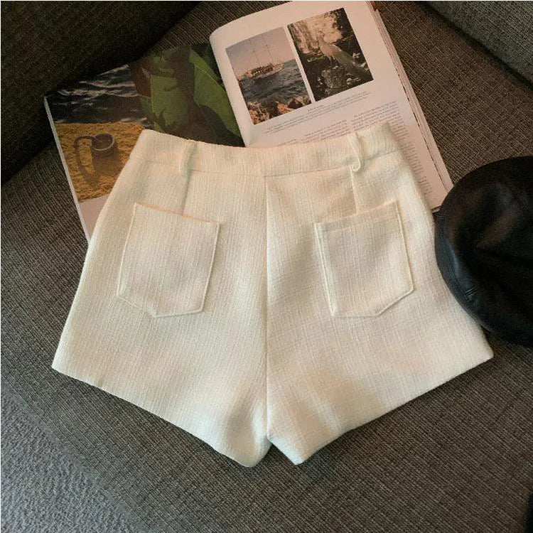 Fashion Tweed High Waist Women Shorts Autumn Winter Slim Office Woolen Black Shorts Women