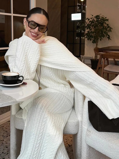 Bornladies Herbst Winter Mode frauen Neue Zopfmuster Pullover Breite Bein Hosen Set Weiche Wolle Mischung Lose Fit High Neck Pullover