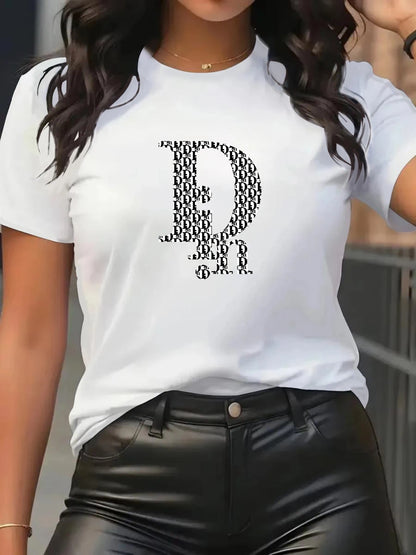 Din Women's T-Shirt Fashion Casual Crew Neck Short Sleeve Cotton Tees Tops Summer Streetwear Luxury Brand T-shirt.