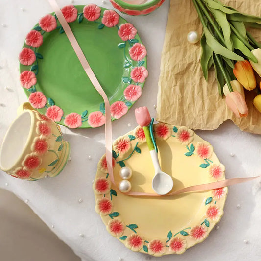 Flower Plate Embossed Small Flower Breakfast Dessert Plate Household Ceramic Plate Under Glaze Colored Hand-painted Tableware.