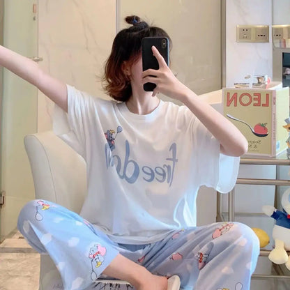Sommer Pooh Bär Nachtwäsche frauen Lose Bequeme Cartoon Print Hause Kleidung Set Kurzarm Nachthemd Mickey Pyjama Set