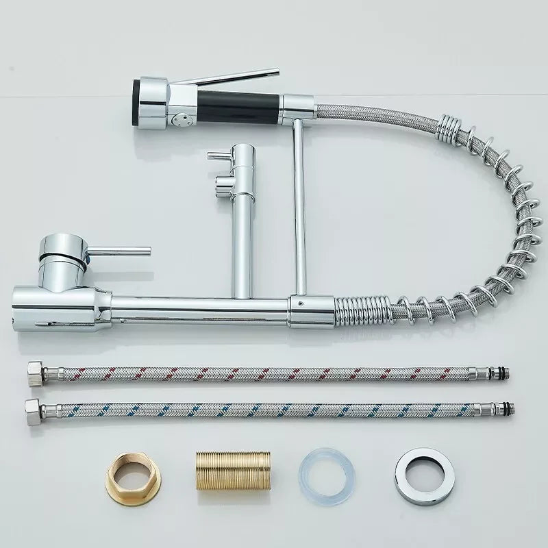 Chrome Brass Kitchen Sink Faucet Pull Down Hot and Cold Water Mixer2 Mode Tap with Dual Spout 360 Rotation Flexible Deck Mounted