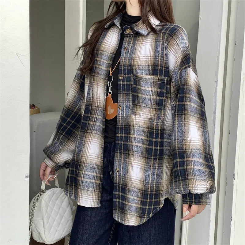 Zjaiss Women Thick Woolen Plaid Blouse Loose Long Sleeved Tops 2025 Autumn Winter New Casual Shirt Long Shirts