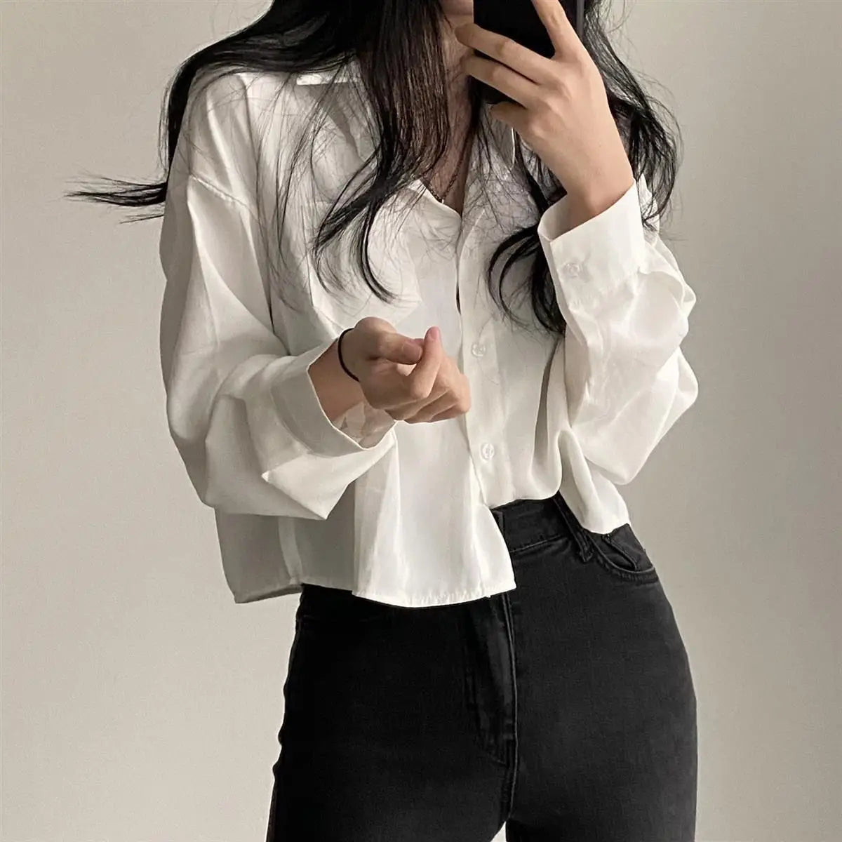 Long Sleeved Shirt And Blouse Simple Single Breasted Loose Casual Solid OL Trend Short Top Simple Elegant Fashion Women Clothes.