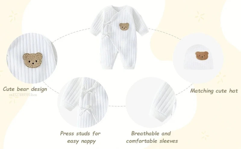 Einteiliges Outfit für Jungen und Mädchen, 100 % Baumwolle, langärmlig, Strampler für Neugeborene, solides Stricken, dünner Overall für Jahreszeiten.