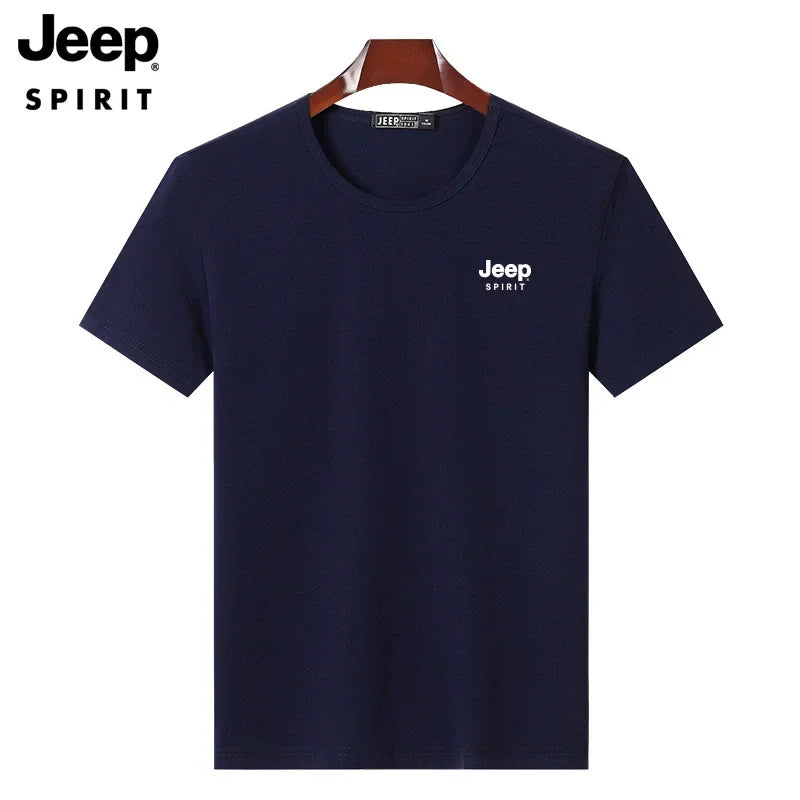 JEEP SPIRIT Mens T-shirt Summer 100%Cotton 230g Heavy Print Sports Breathable Round Neck Top Loose Solid Short Sleeve.