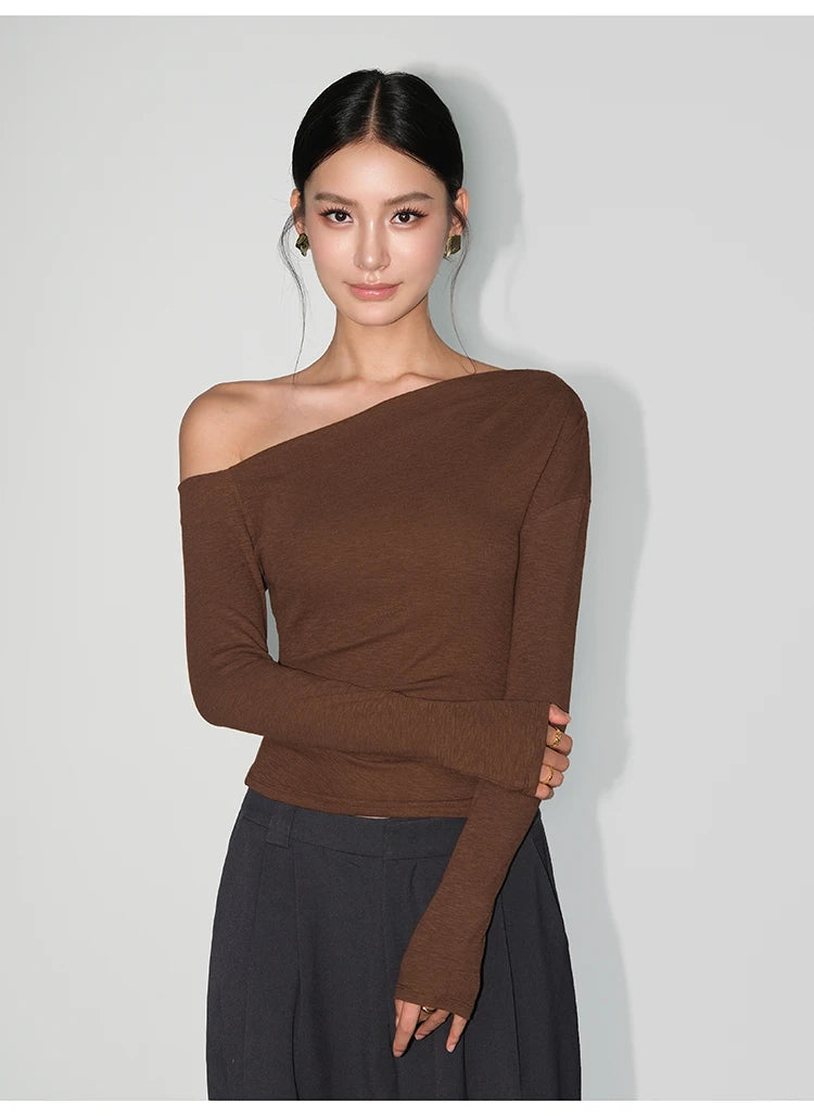 Women Long Sleeve One Shoulder Basic Top Tee Tshirt.