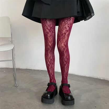 Female Vintage Fishnet Lace Pattern Tights Hollowed Rhombus Striped Geometric Jacquard Pantyhose Anti-pilling JK woman Legging