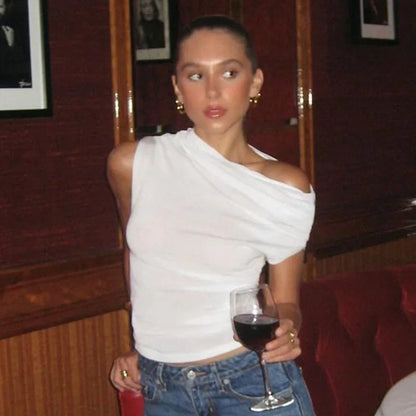 Talenza Sexy One Shoulder Tops Womens Summer Fashion Hot Girls Backless Pleated Slim T-Shirt Casual Office Lady Party Tops Women