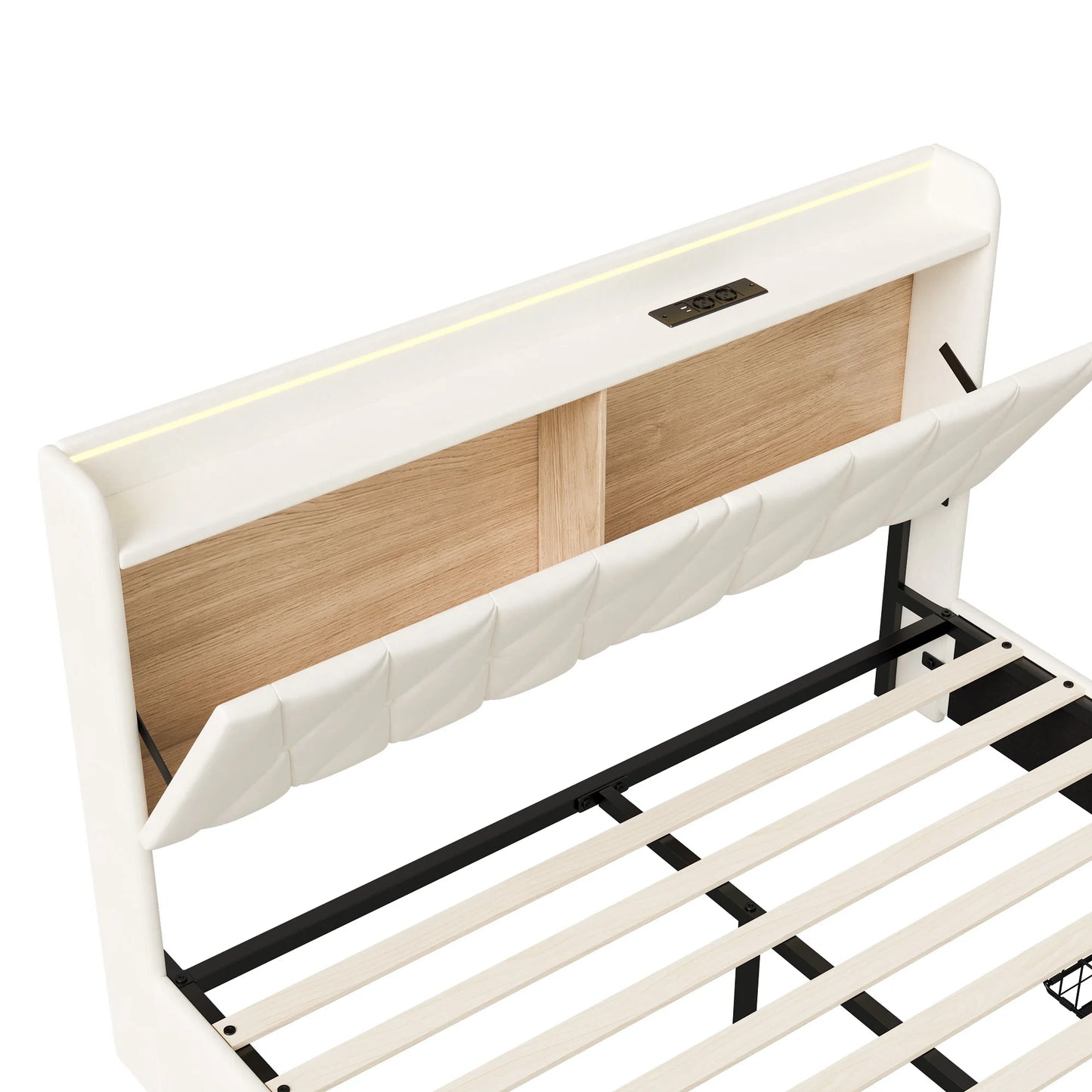 Lazyspace 140 x 200 cm großes Doppelbett mit Kopfteil, gepolstertes Bett mit 3 Schubladen, LED-Beleuchtung, USB Typ C, Samt, Beige, keine Matratze