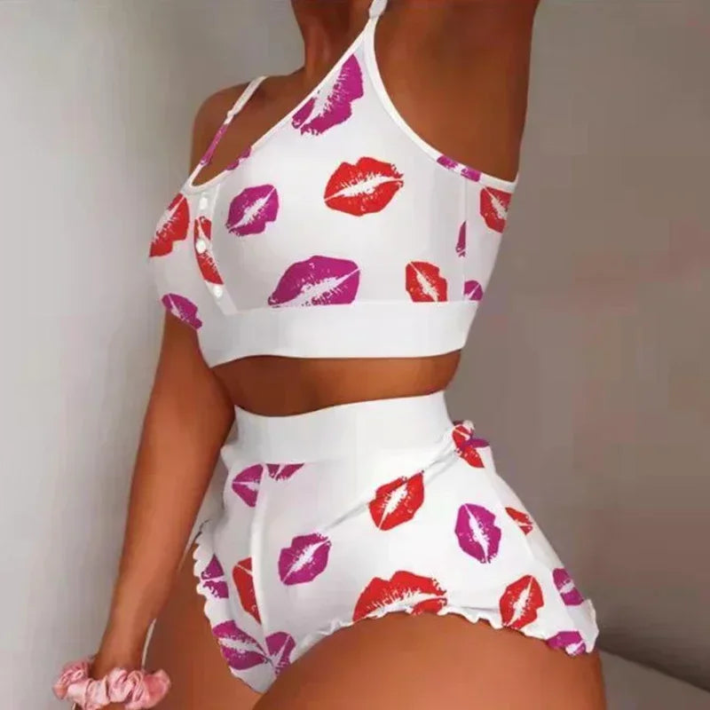 Liebe Gedruckt Spitze Sling Crop Tops und Shorts Sommer 2-Stück Pyjama Set Frauen Nachtwäsche Hause Kleidung Loungewear pijamas.