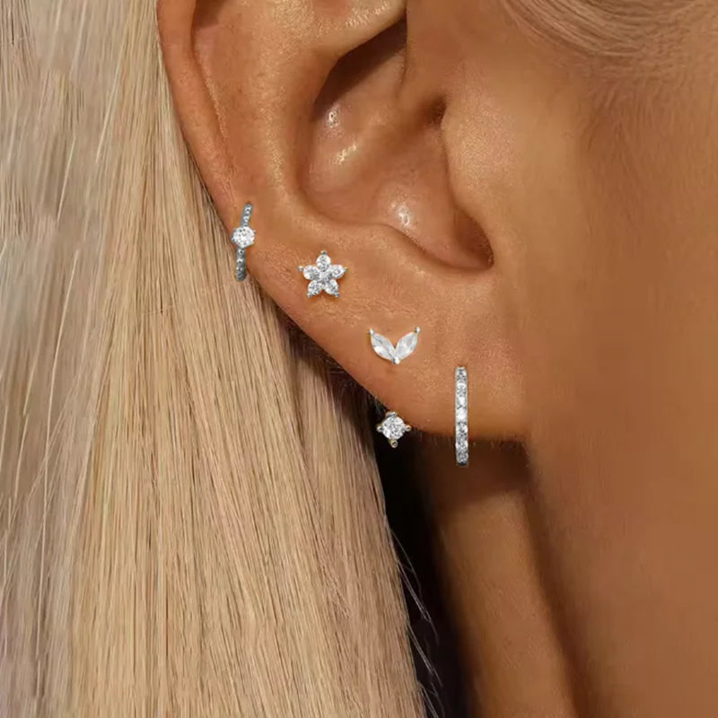 4PCS Fashion Zircon Round Hoop Earring Set Women Temperament Flower Ear Stud Huggie Earring Tragus Piercing Cartilage Jewelry.