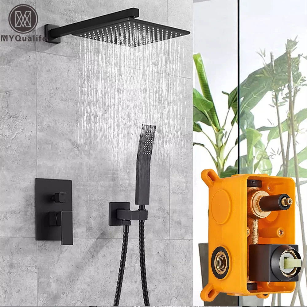 Matte Black Wall Mount Bathroom Shower Faucet 8/10/12/16 Inch Rainfall Mixed Hot Cold Water Mixer Bathtub Tap with Hand Sprayer