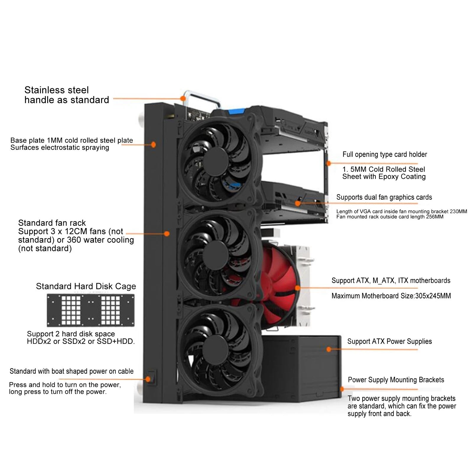 Computer Open Case Bracket Powerful Cooling Heat Dissipation Steel Plate DIY Computer Motherboard Case Rack for ATX M ATX ITX.