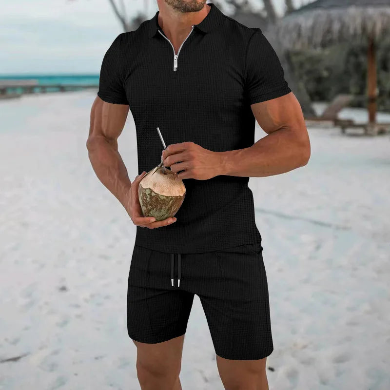Men's Comfortable Short-Sleeved Waffle Polo Shirt And Shorts Set - Breathable Lightweight Spring/Summer Clothing.