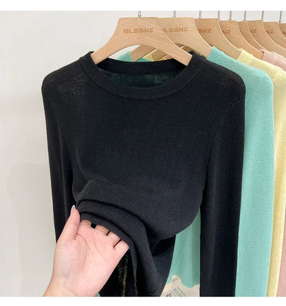 Spring  Basic O-Neck Slim T-Shirt Women Solid Multi Color All-Match Trend Casual Top Screw Knit Long Sleeve Elastic Office Lady