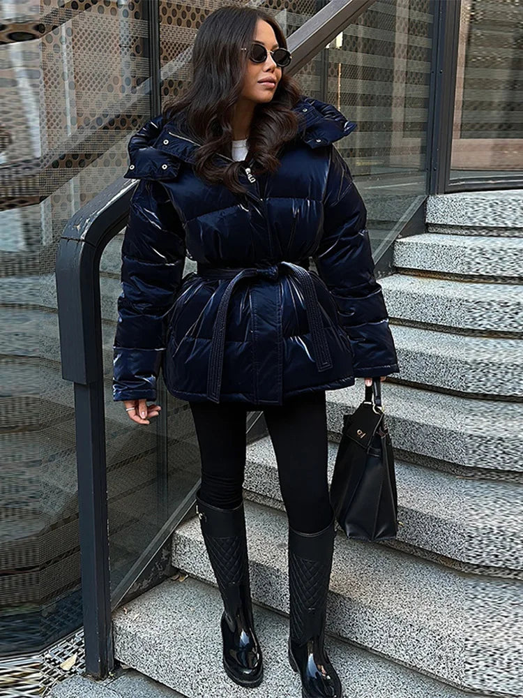 Frauen Glänzend Herbst Winter Mit Kapuze Baumwolle Gefütterte Jacke Lose Lange Hülse Spitze Up Warme Mantel 2025, Neue Dame Mode Party outwear