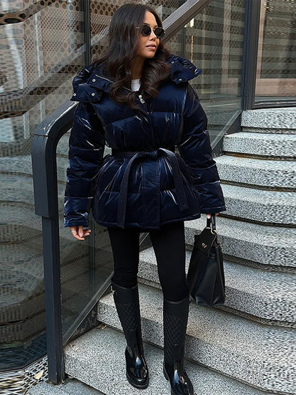 Frauen Glänzend Herbst Winter Mit Kapuze Baumwolle Gefütterte Jacke Lose Lange Hülse Spitze Up Warme Mantel 2025, Neue Dame Mode Party outwear