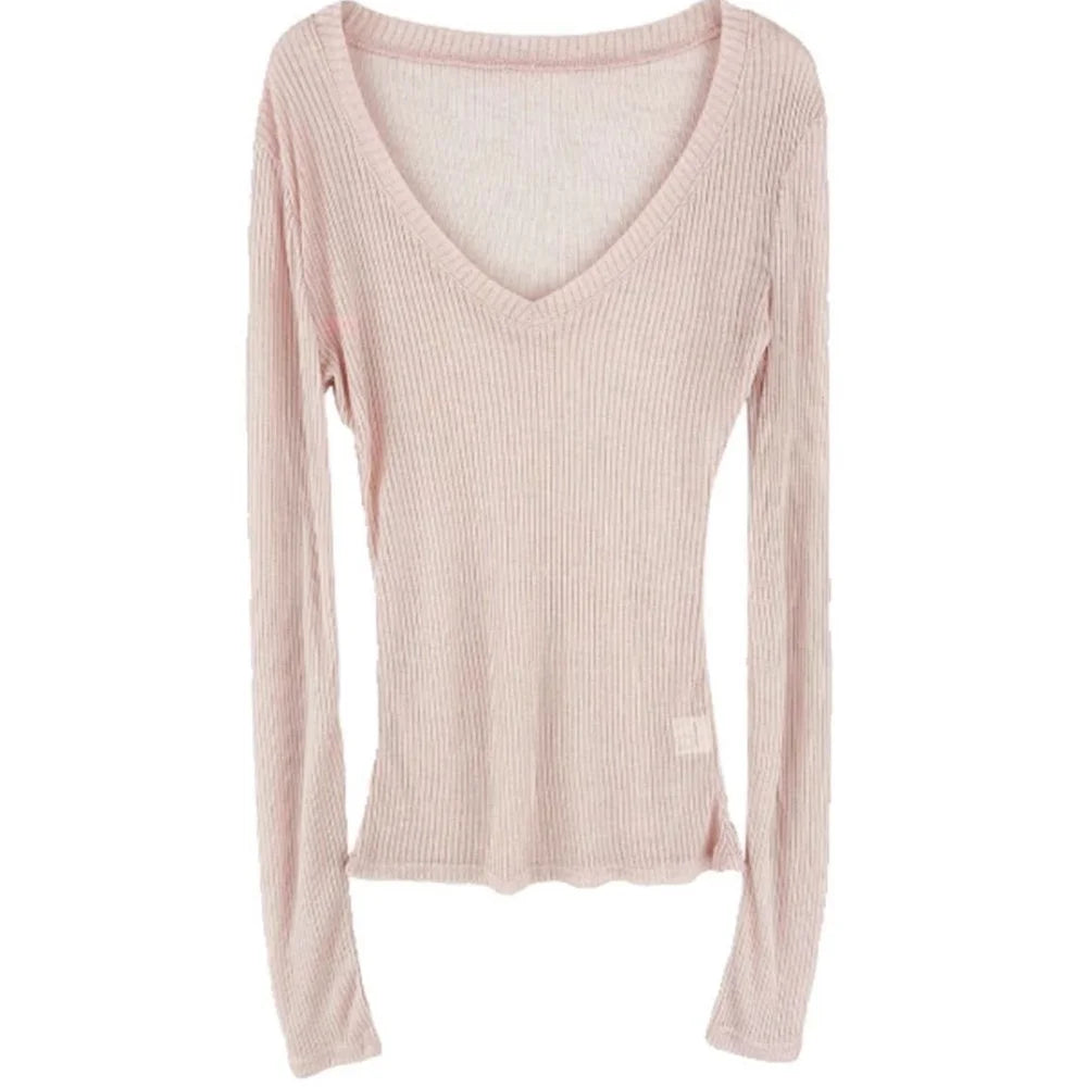 Frauen T-shirt Sexy V-ausschnitt Casual Langarm Slim Fit Shirts Dünne Transparente Gestrickte Top Weibliche Y2k Trendy Dünne Pullover