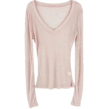 Frauen T-shirt Sexy V-ausschnitt Casual Langarm Slim Fit Shirts Dünne Transparente Gestrickte Top Weibliche Y2k Trendy Dünne Pullover