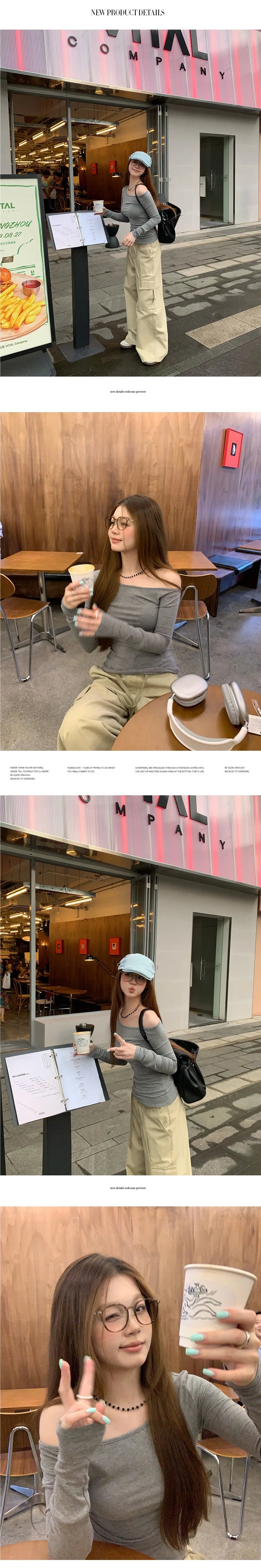 Spicy Girl Diagonal Shoulder Long Sleeve Women's T-shirt Base Layer Shirt Waist Inward Design Polo Collar Top.