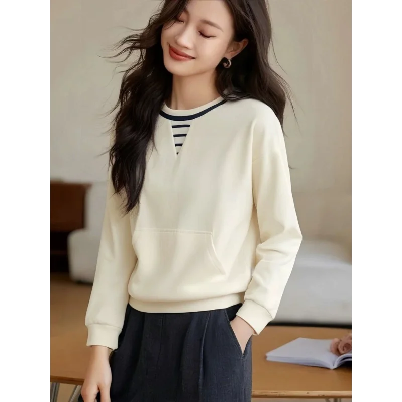 Apricot Round Neck Contrast Long Sleeve Womens Sweatshirt Stylish Casual Minimalist Top.
