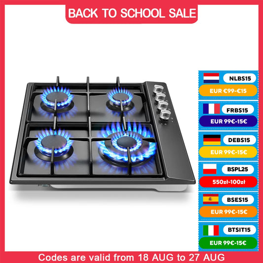 4 Burners Black Enamelled Plate 58 cm Automatic Flame Protection, Natural Gas and Propane Gas, Built-in Gas Hob.