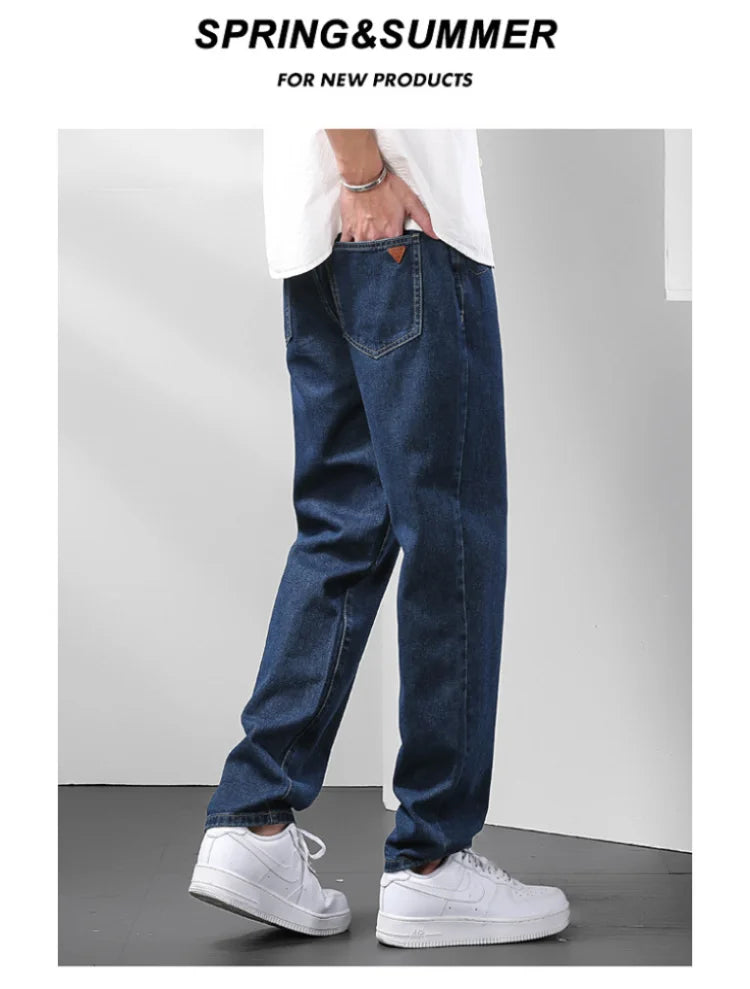Light Blue American Retro Jeans Men Soft Loose Straight Cylinder High Street Workwear Casual Loose Legs Pants.