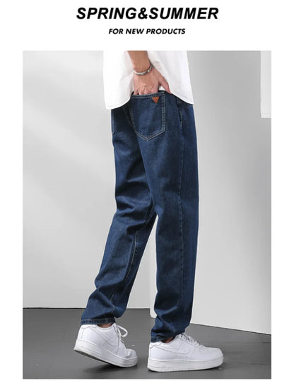 Light Blue American Retro Jeans Men Soft Loose Straight Cylinder High Street Workwear Casual Loose Legs Pants.