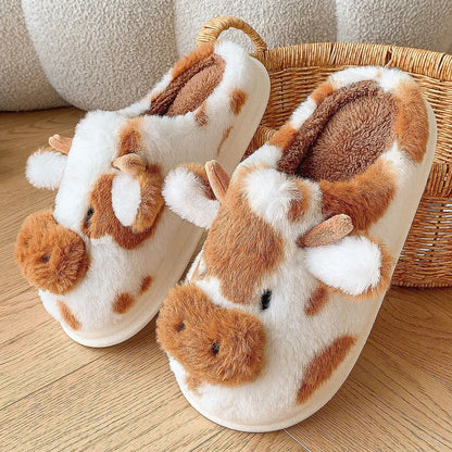 Shevalues Plush Cartoon Milk Cow Slippers Winter Women Slippers Furry Non-Slips Women Cotton Slides Couples Soft Cozy Flat Shoes