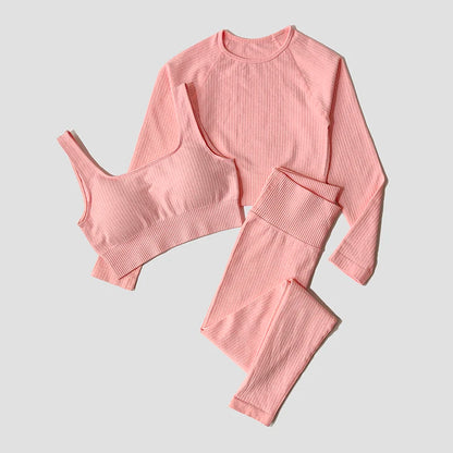 Women's Sportswear Yoga Set Workout Clothes Athletic Wear Sports Gym Legging Seamless Fitness Bra Crop Top Long Sleeve Yoga Suit