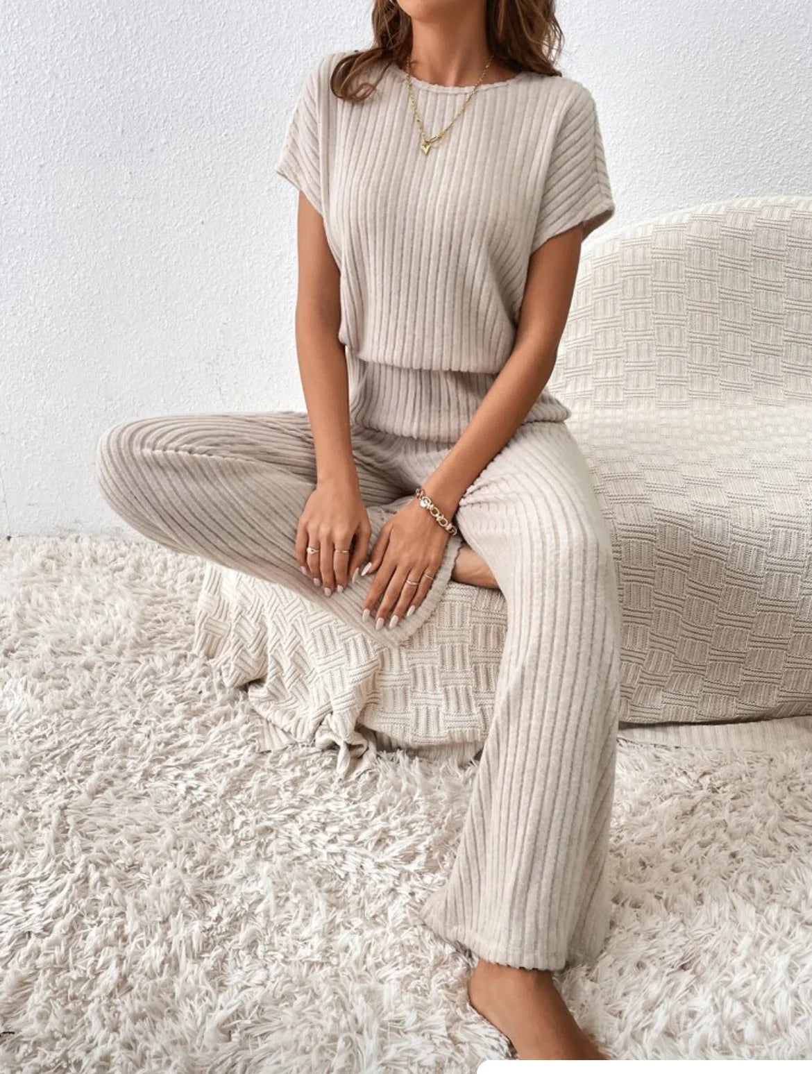 Two Piece Pant Sets Women Straight Pants Tops Pullover Short Sleeve Round Neck Spliced Top Solid Casual Streetwear Summer.